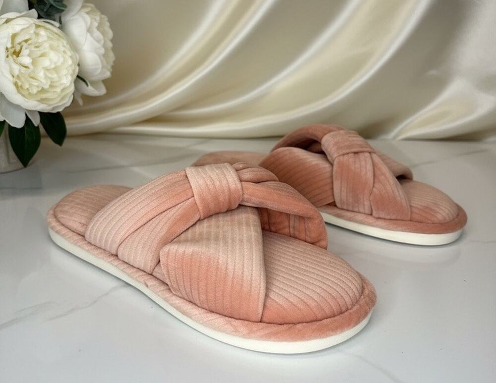 Blush Pink Corduroy Open-Toe House Slippers With A Knotted Cross-Band Size 40-41